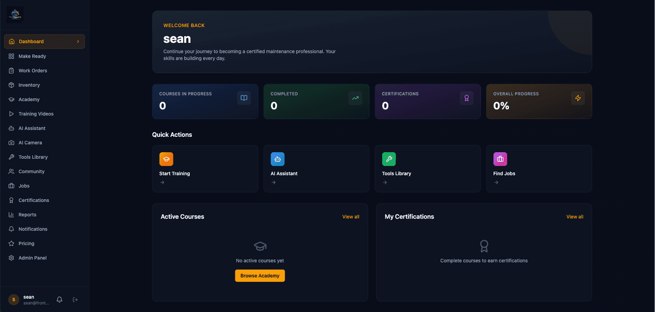 TechVision IQ dashboard with training progress, AI assistant, camera tools, and work order shortcuts